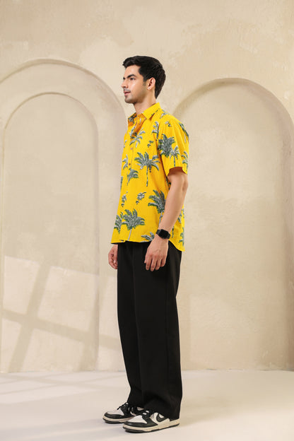 Yellow Palm Cotton Half Sleeve Shirt