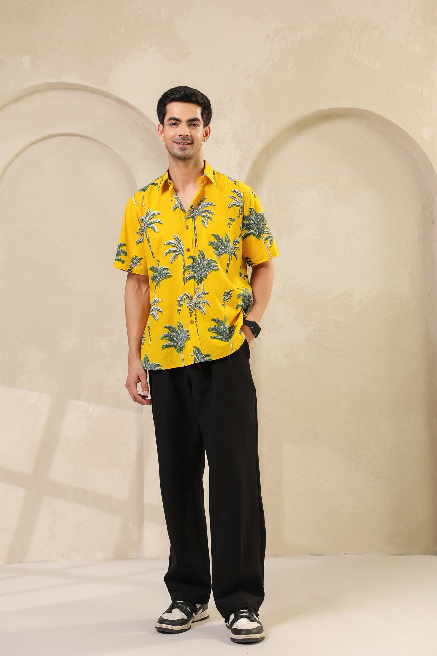 Yellow Palm Cotton Half Sleeve Shirt