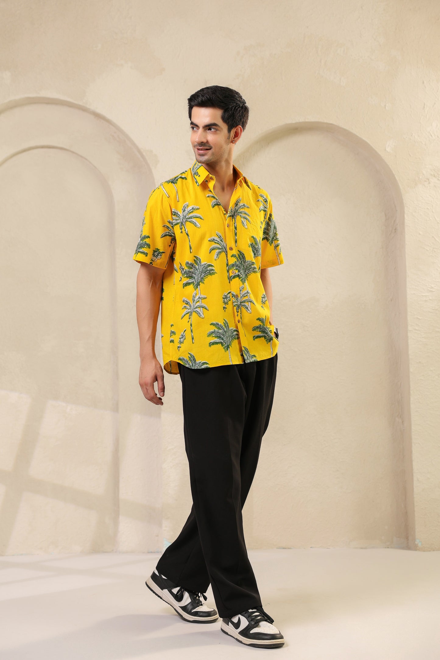 Yellow Palm Cotton Half Sleeve Shirt