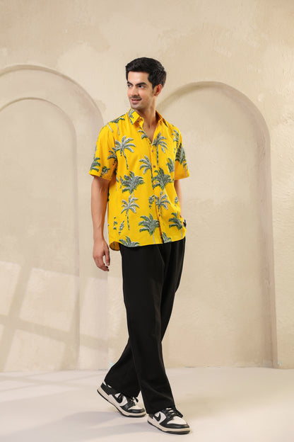 Yellow Palm Cotton Half Sleeve Shirt