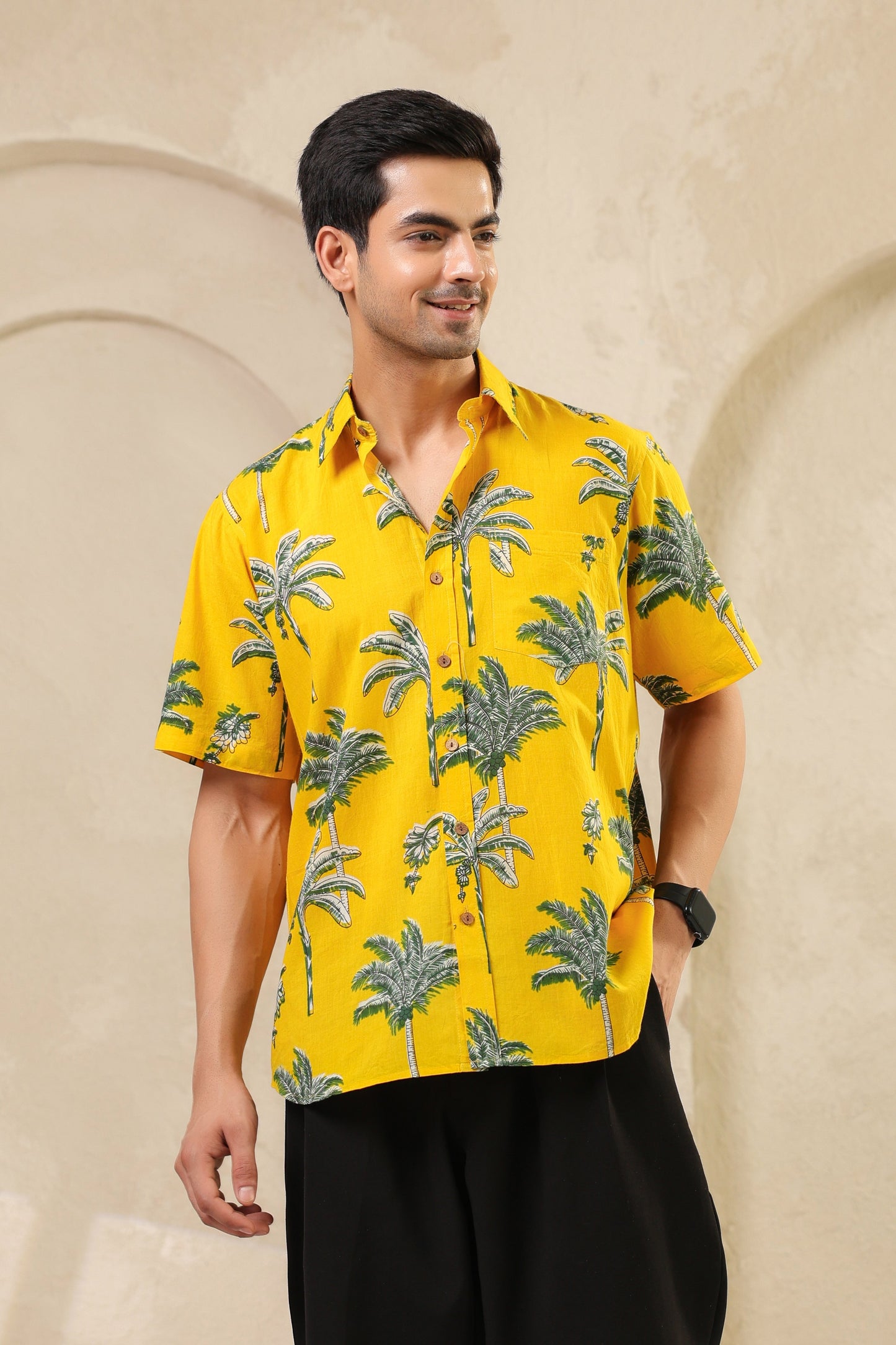 Yellow Palm Cotton Half Sleeve Shirt