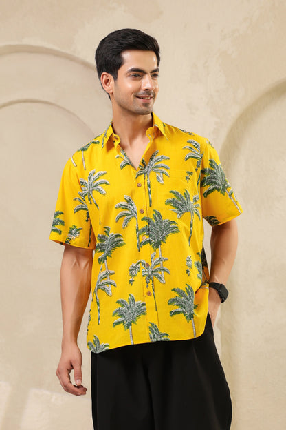 Yellow Palm Cotton Half Sleeve Shirt