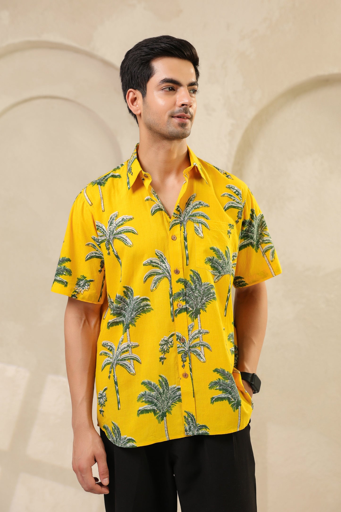 Yellow Palm Cotton Half Sleeve Shirt