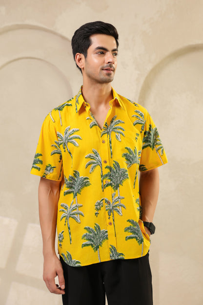 Yellow Palm Cotton Half Sleeve Shirt