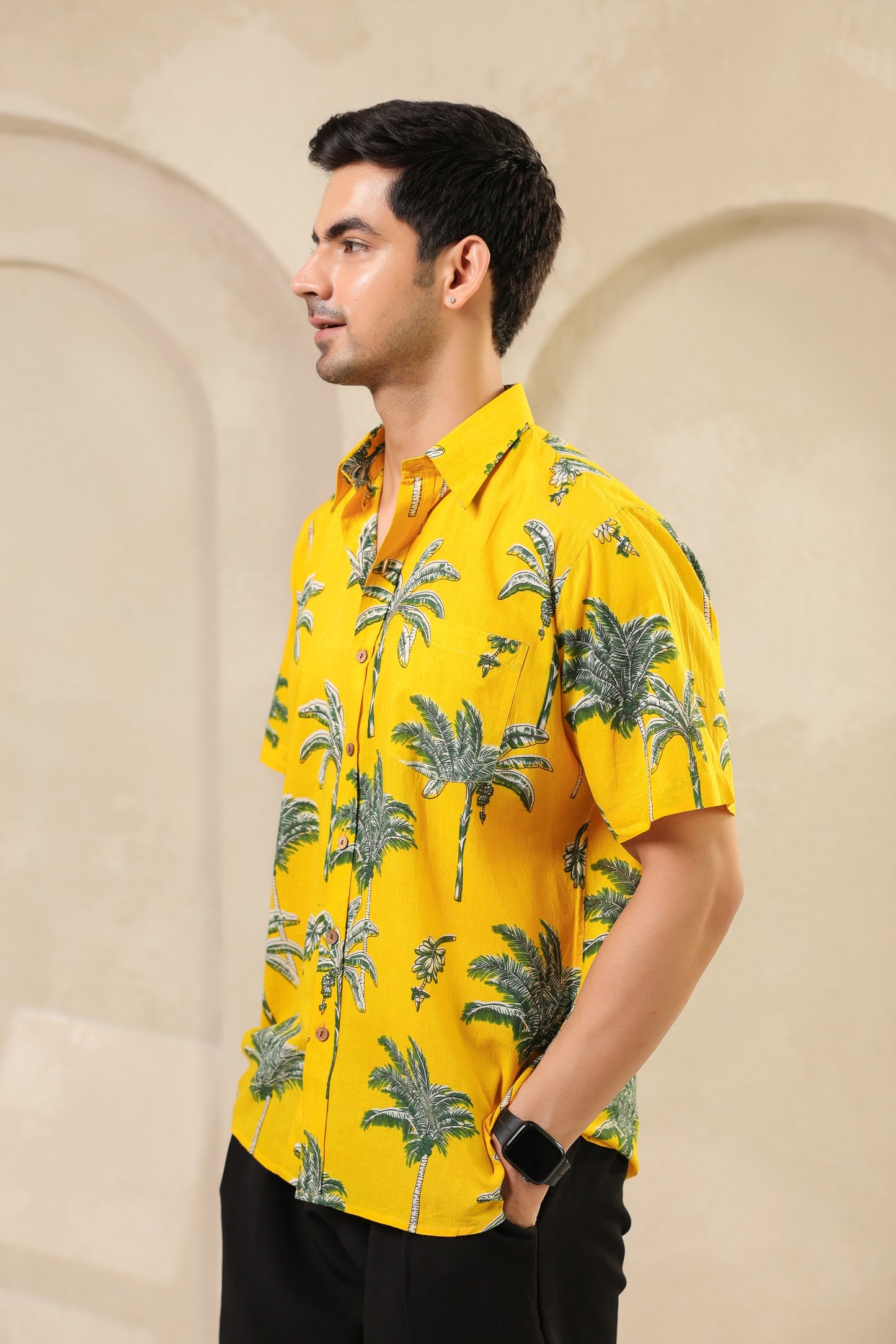 Yellow Palm Cotton Half Sleeve Shirt