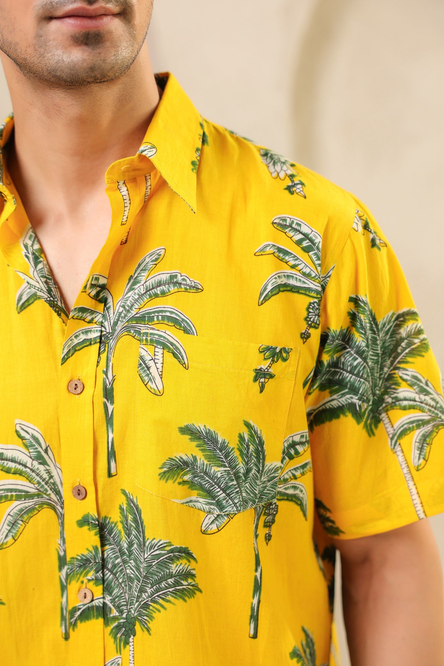 Yellow Palm Cotton Half Sleeve Shirt