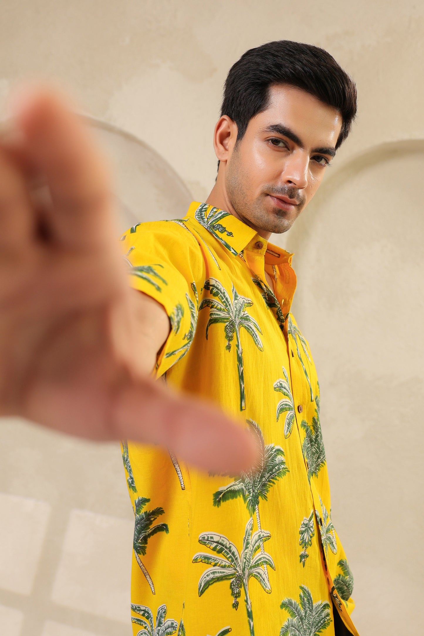 Yellow Palm Cotton Half Sleeve Shirt