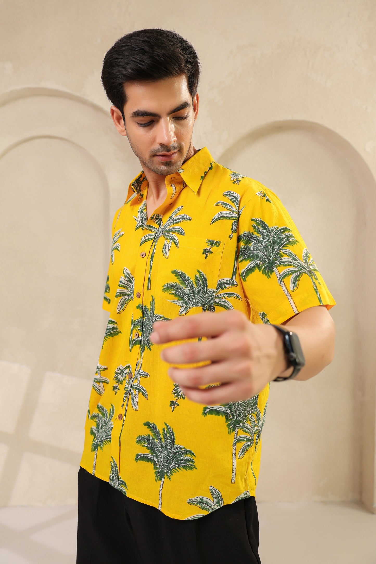 Yellow Palm Cotton Half Sleeve Shirt