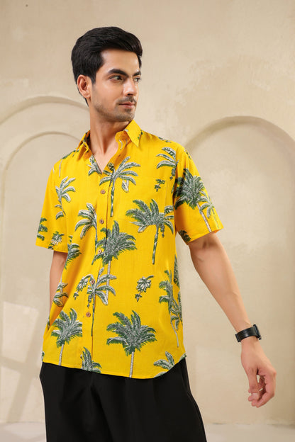 Yellow Palm Cotton Half Sleeve Shirt