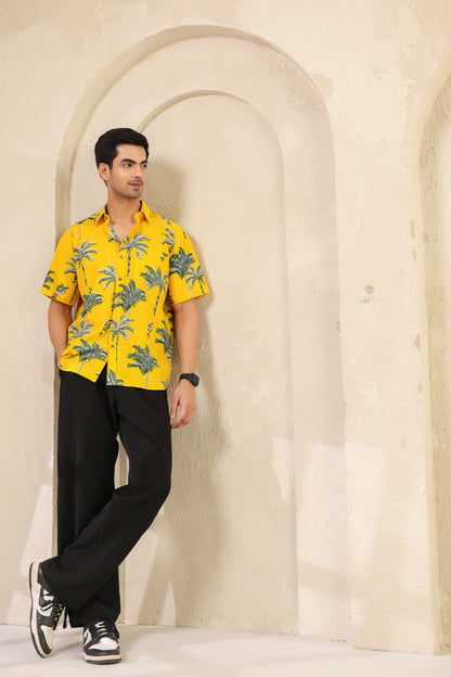 Yellow Palm Cotton Half Sleeve Shirt