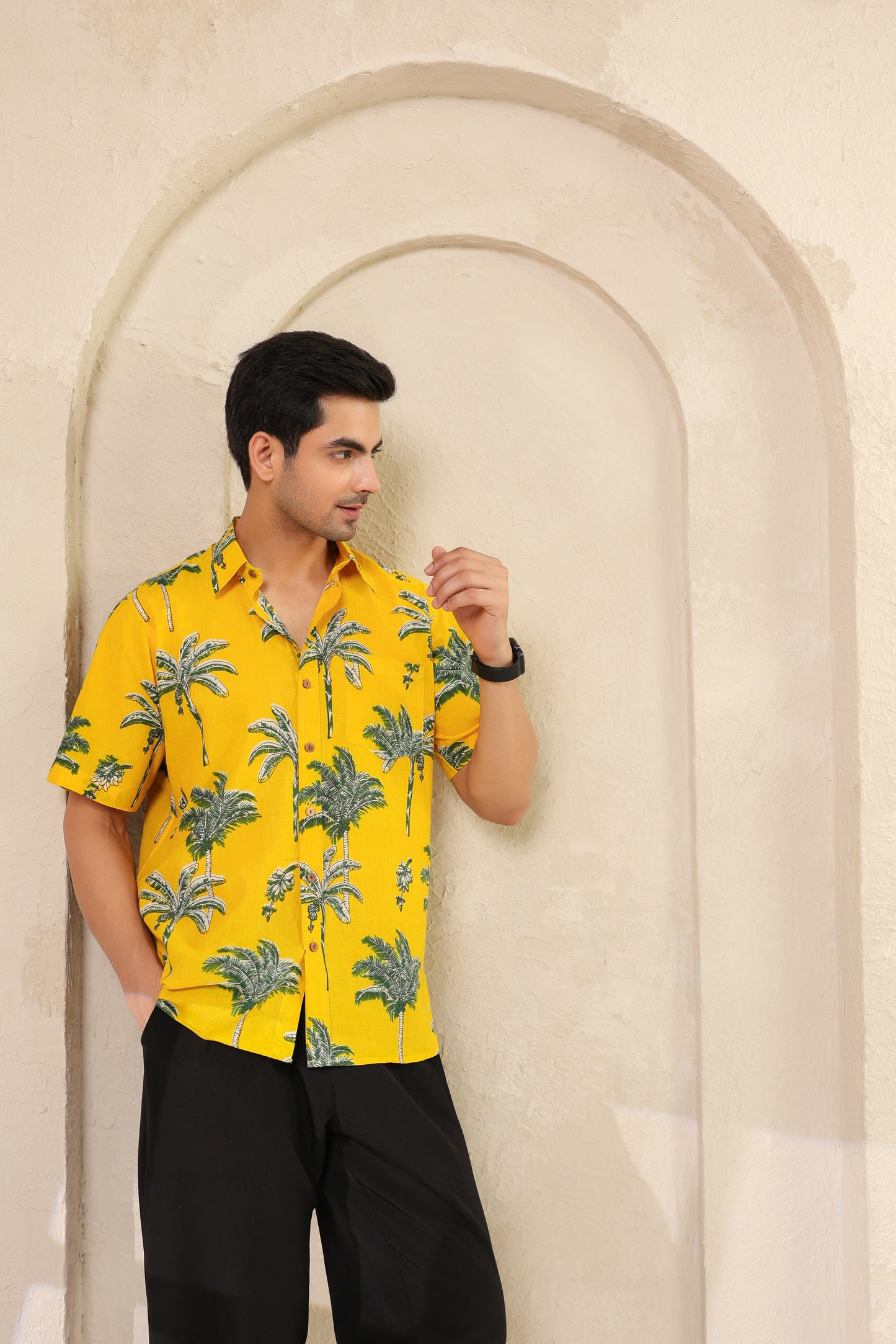 Yellow Palm Cotton Half Sleeve Shirt