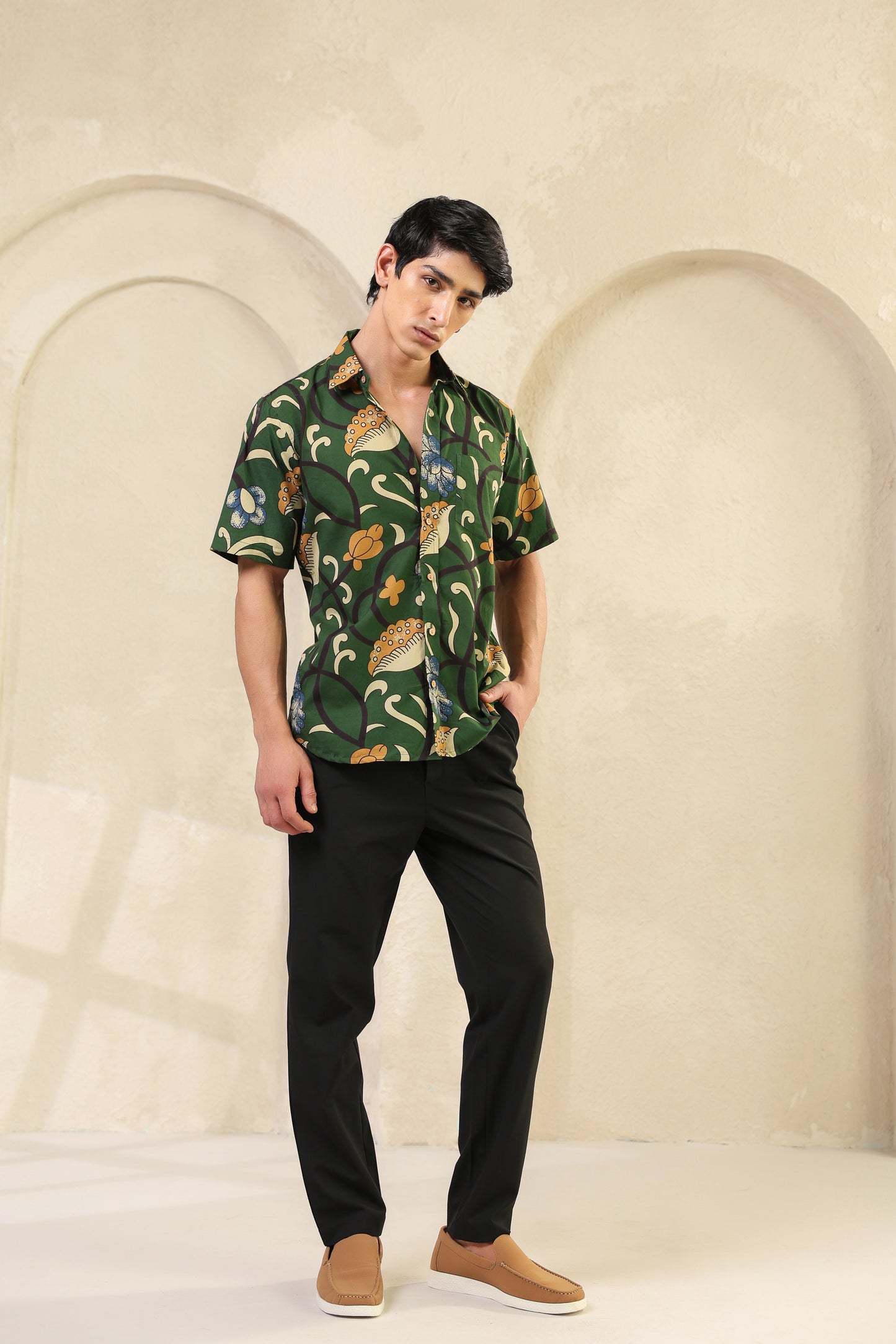 Dark Green Cotton Half Sleeve Shirt