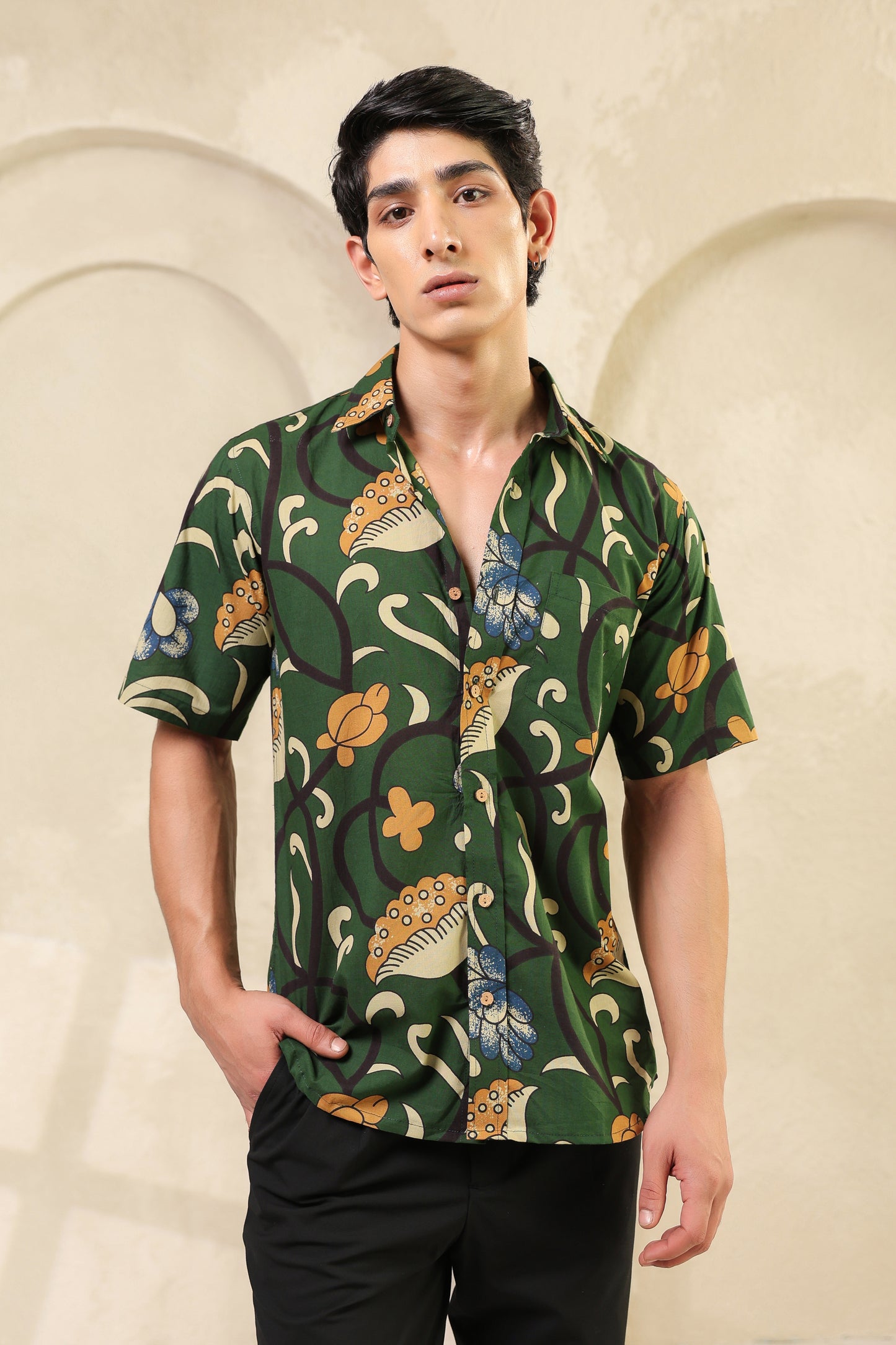 Dark Green Cotton Half Sleeve Shirt