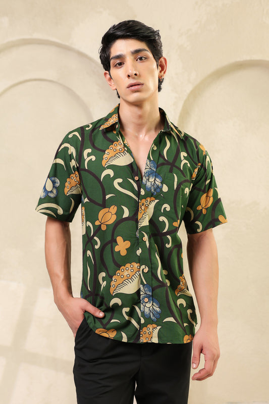Dark Green Cotton Half Sleeve Shirt