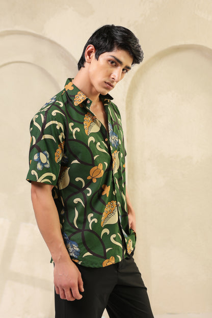 Dark Green Cotton Half Sleeve Shirt