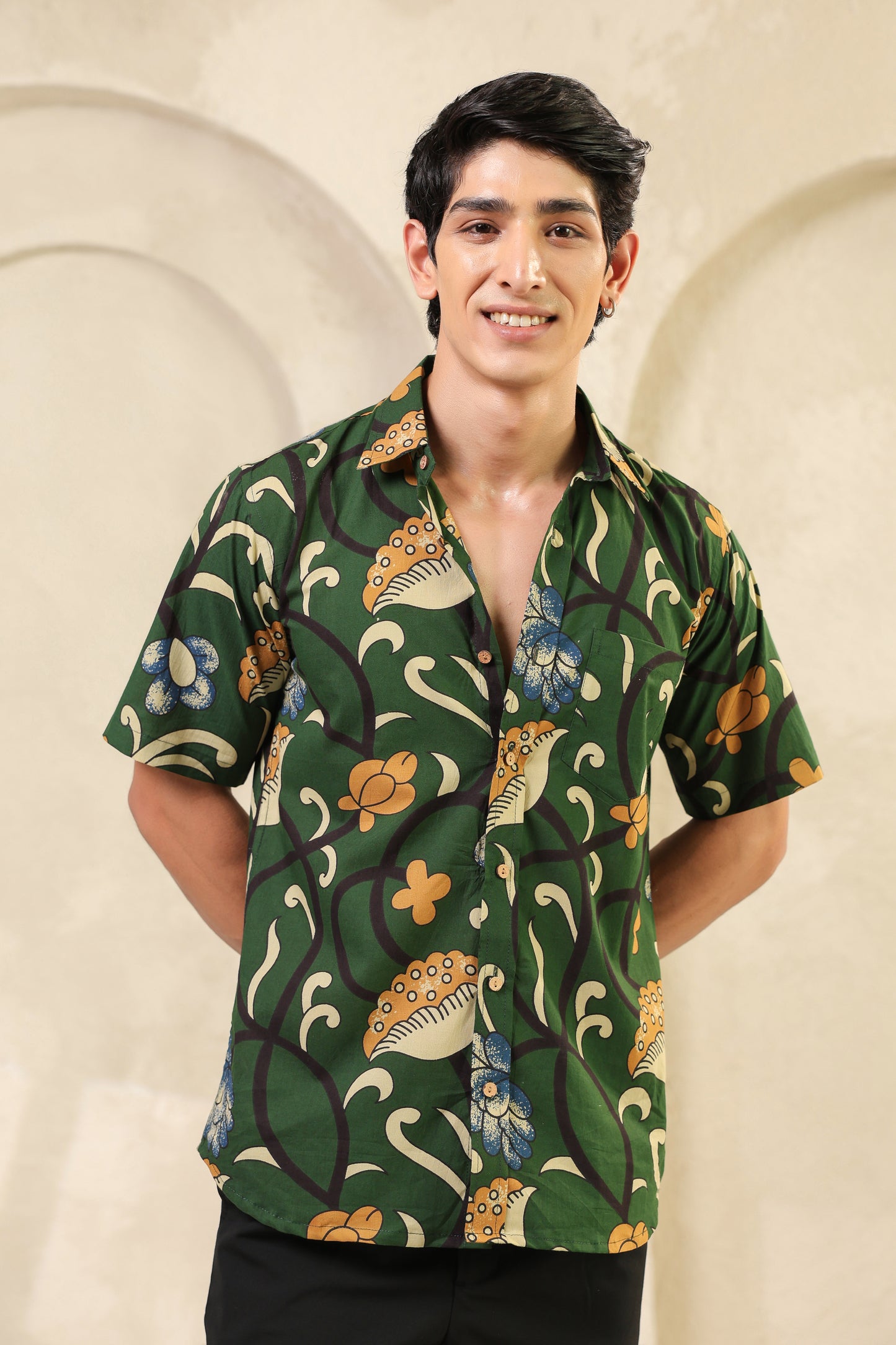 Dark Green Cotton Half Sleeve Shirt