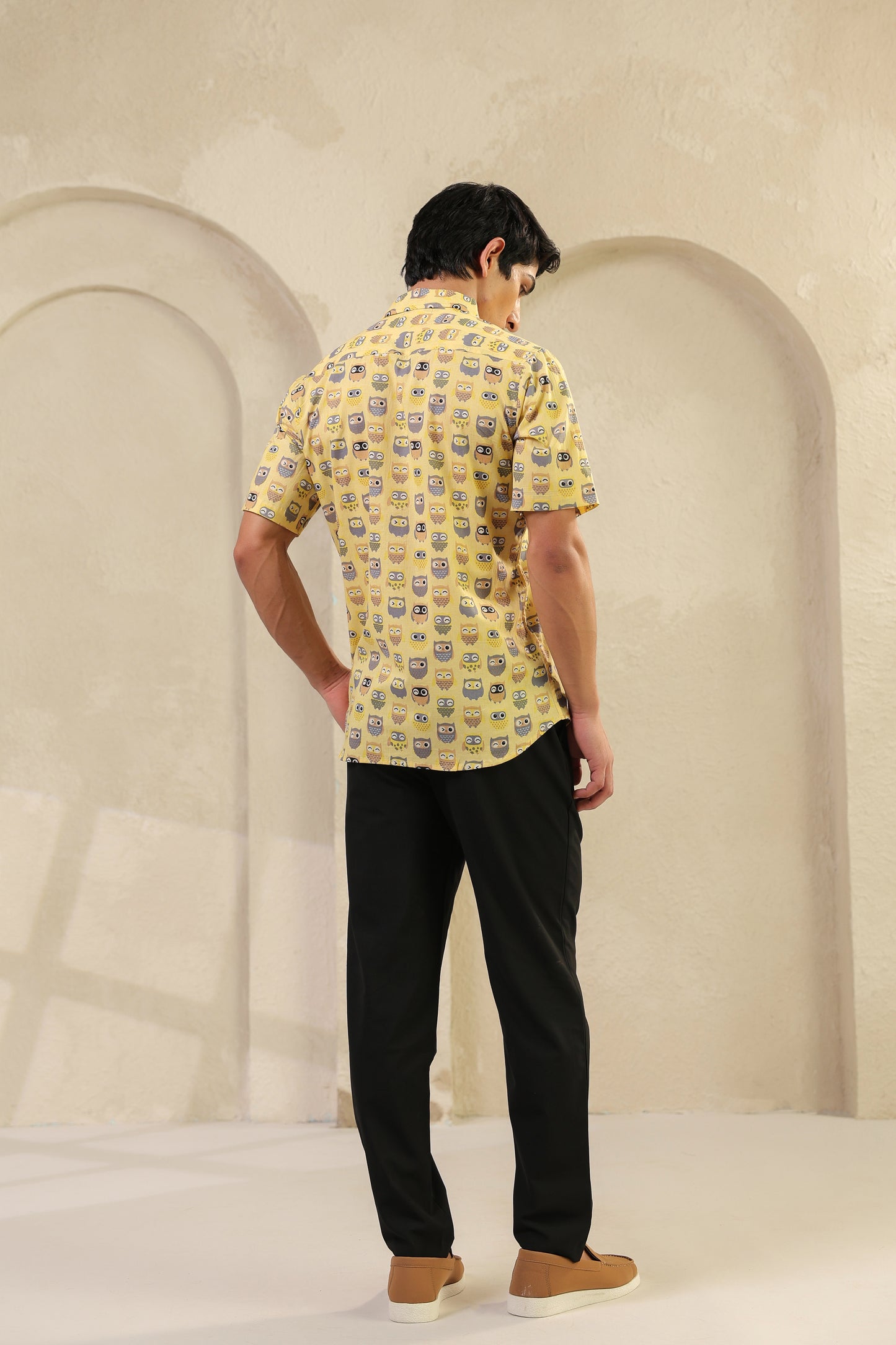 Yellow Owl Cotton Half Sleeve Shirt