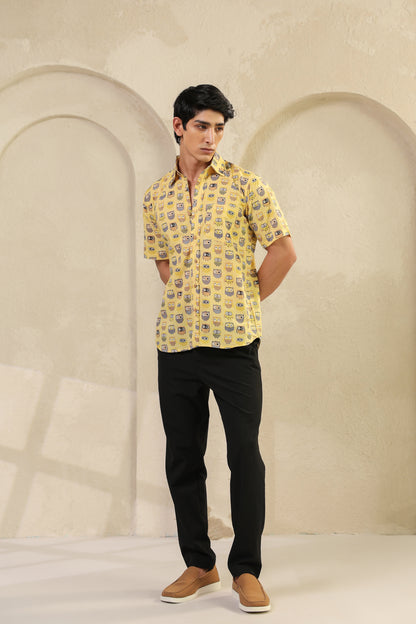 Yellow Owl Cotton Half Sleeve Shirt