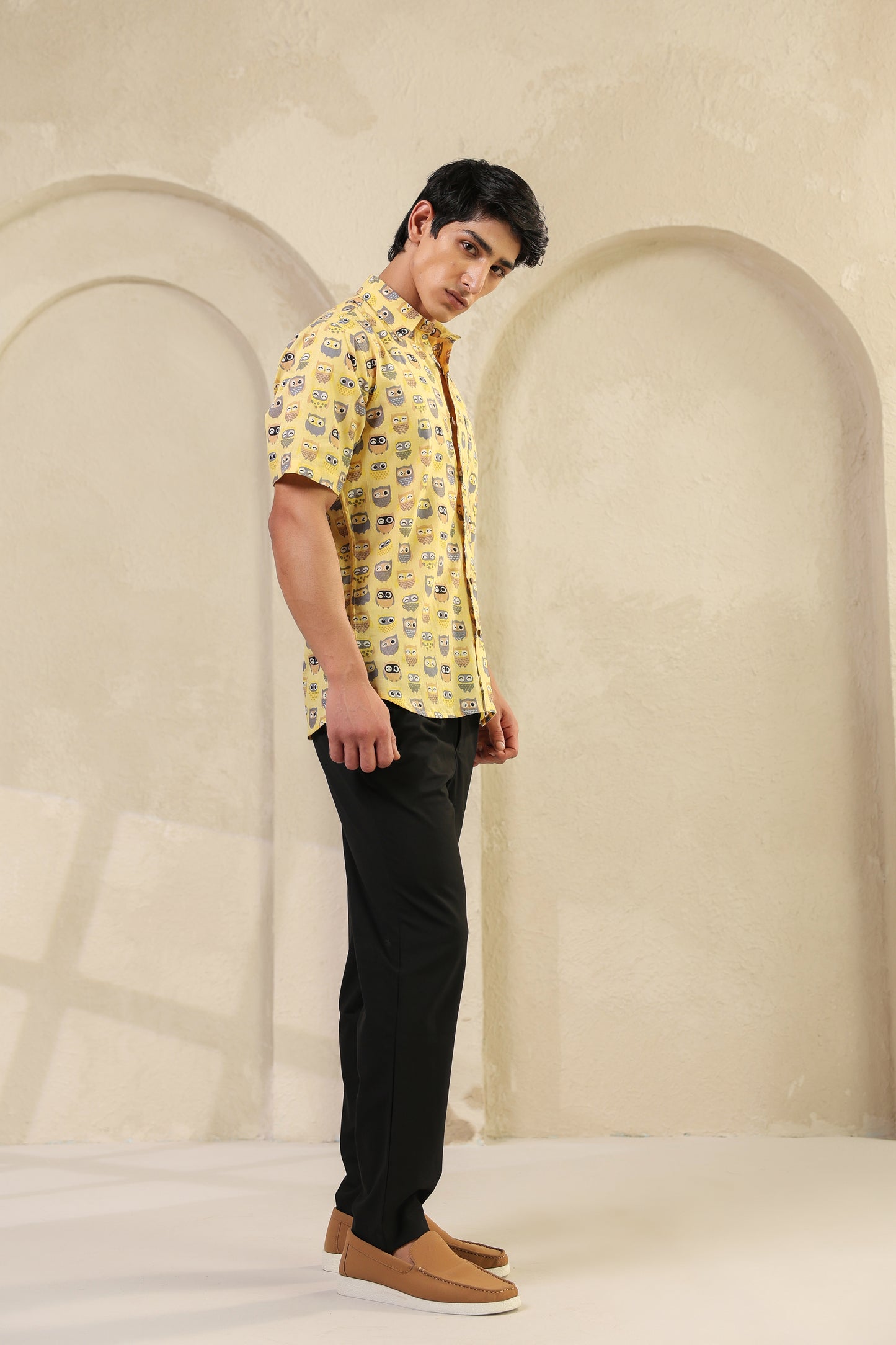 Yellow Owl Cotton Half Sleeve Shirt