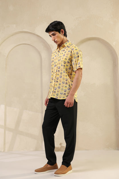 Yellow Owl Cotton Half Sleeve Shirt