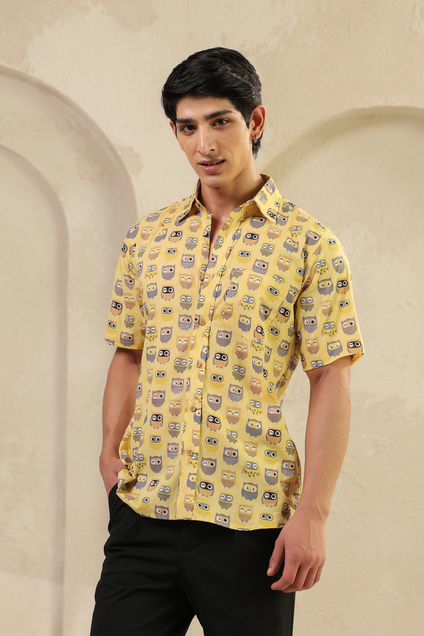 Yellow Owl Cotton Half Sleeve Shirt