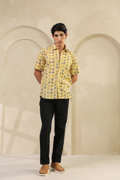 Yellow Owl Cotton Half Sleeve Shirt