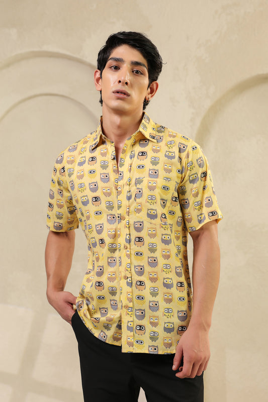 Yellow Owl Cotton Half Sleeve Shirt
