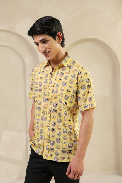 Yellow Owl Cotton Half Sleeve Shirt
