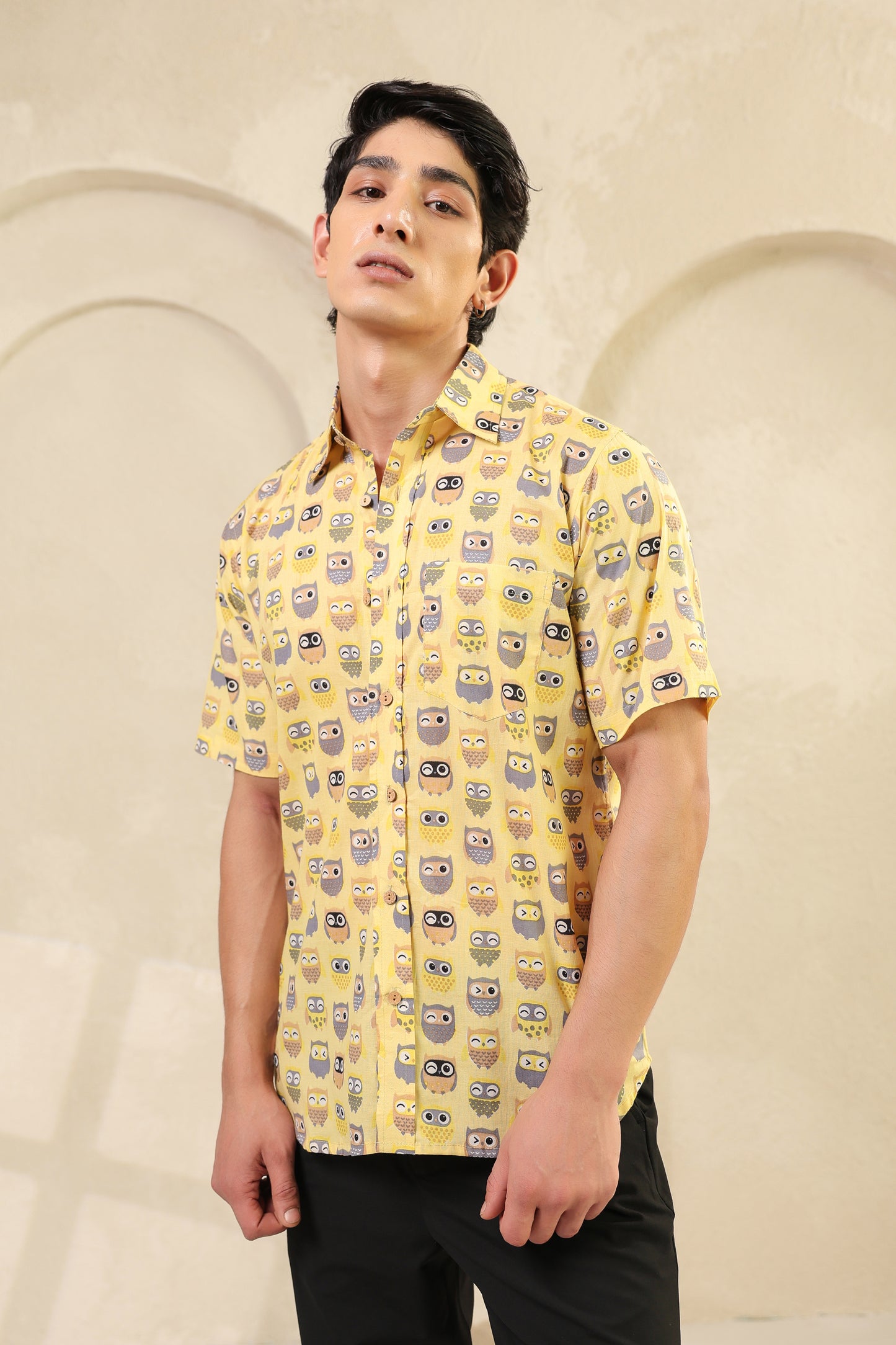 Yellow Owl Cotton Half Sleeve Shirt