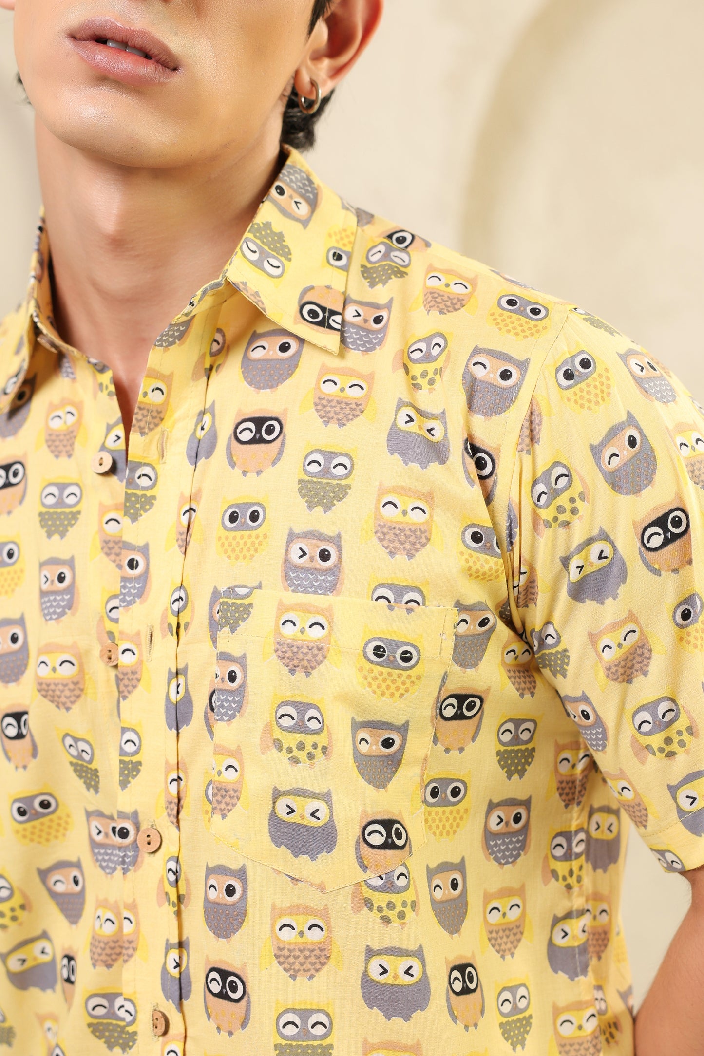 Yellow Owl Cotton Half Sleeve Shirt