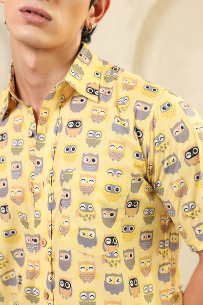 Yellow Owl Cotton Half Sleeve Shirt