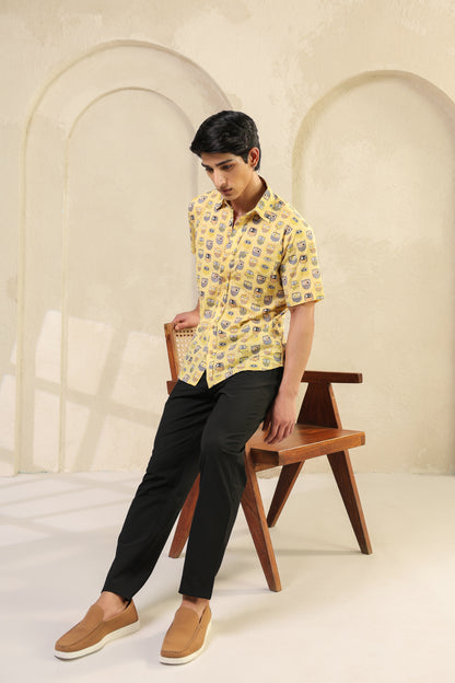 Yellow Owl Cotton Half Sleeve Shirt