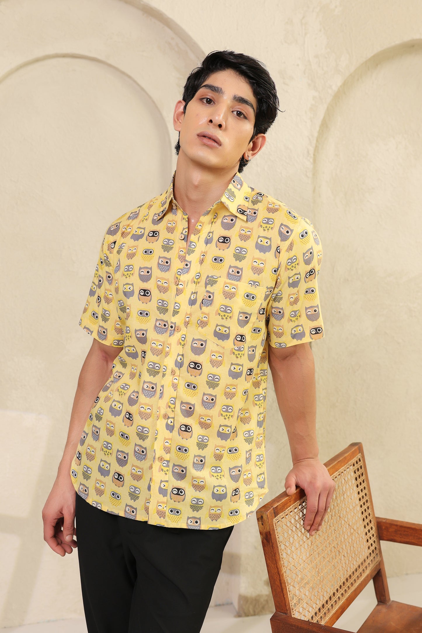Yellow Owl Cotton Half Sleeve Shirt