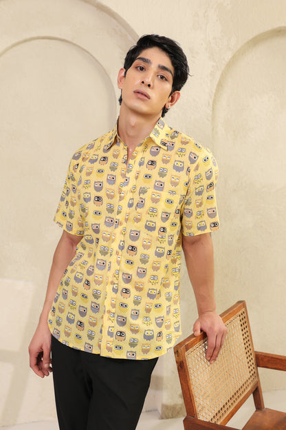 Yellow Owl Cotton Half Sleeve Shirt