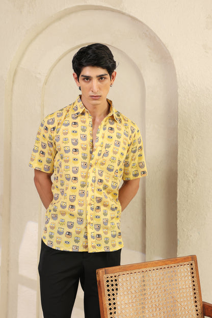Yellow Owl Cotton Half Sleeve Shirt
