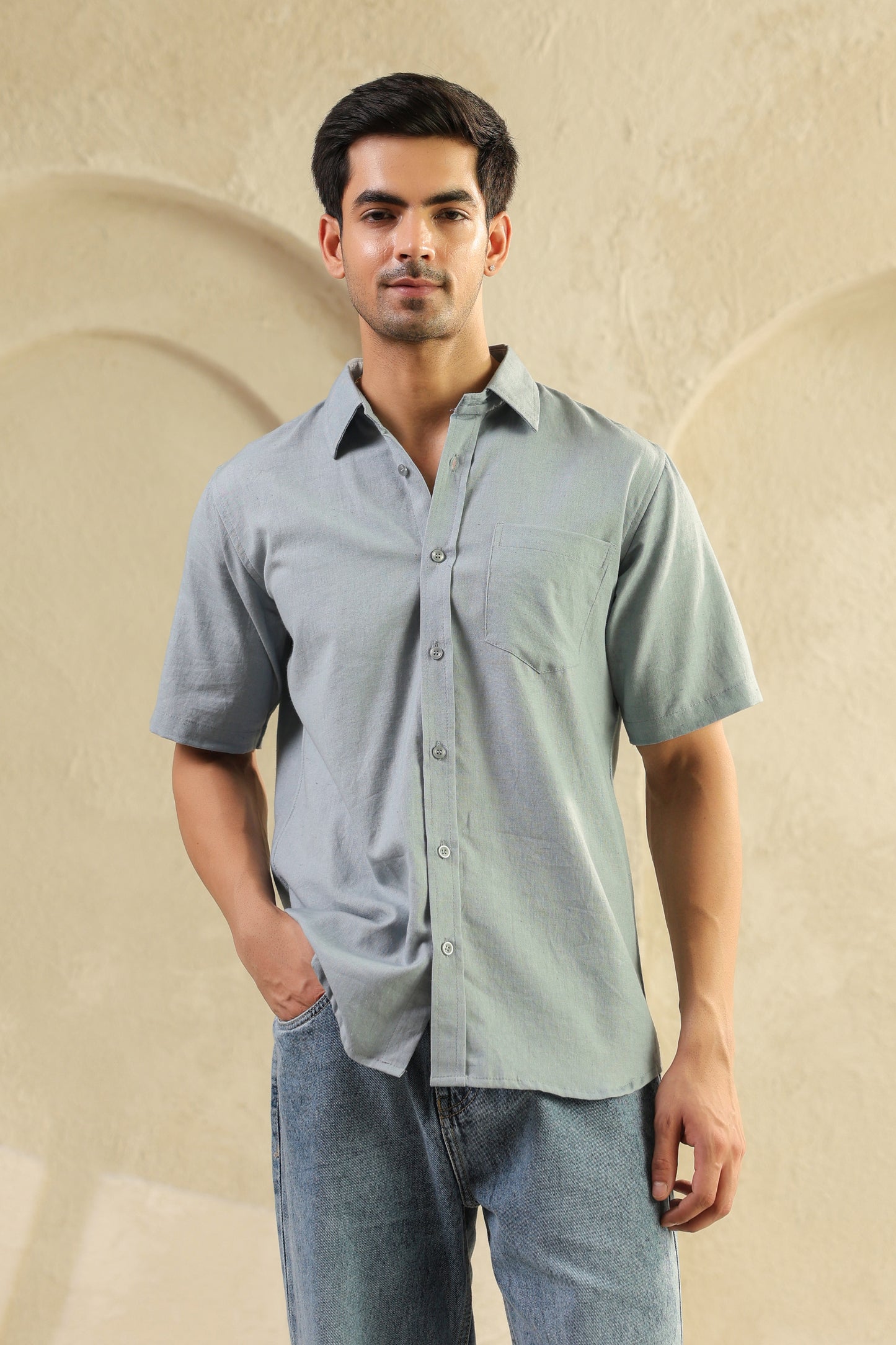 Grey Linen Blend half sleeve shirt