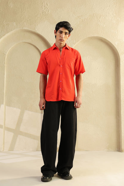 Red Linen Blend Half Sleeve Shirt