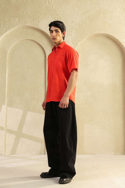 Red Linen Blend Half Sleeve Shirt
