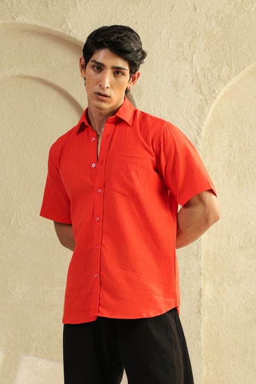 Red Linen Blend Half Sleeve Shirt
