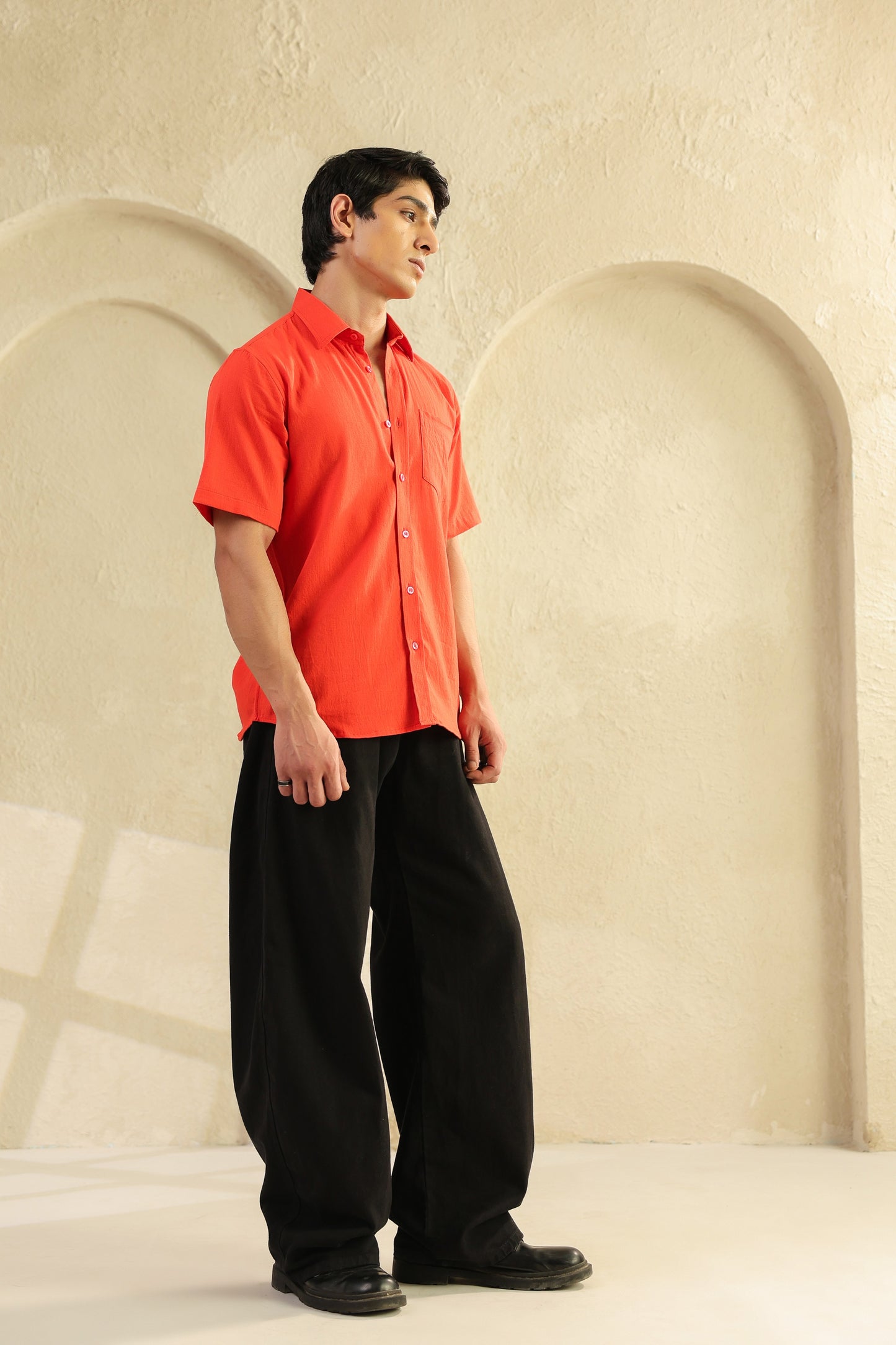 Red Linen Blend Half Sleeve Shirt