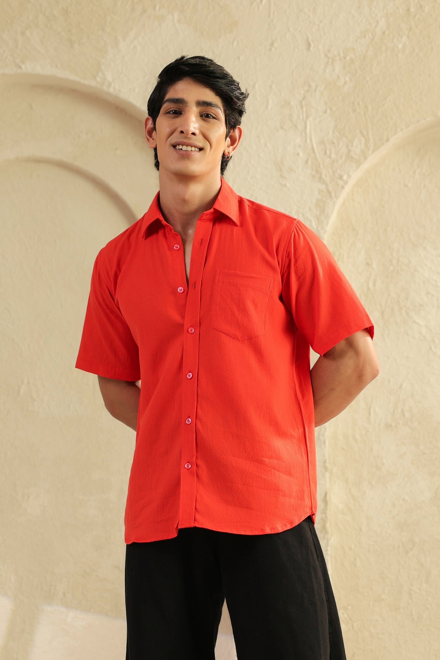 Red Linen Blend Half Sleeve Shirt