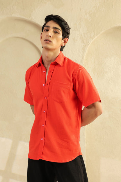Red Linen Blend Half Sleeve Shirt
