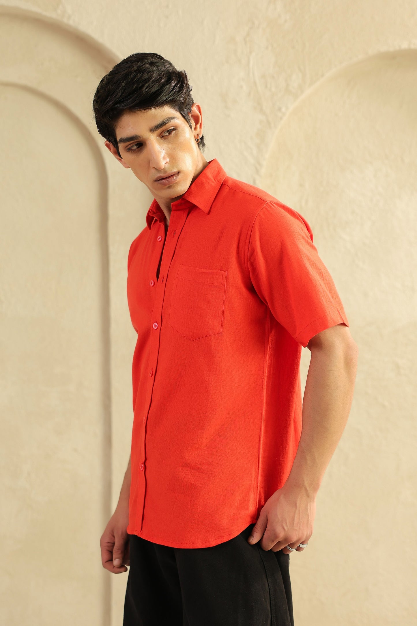 Red Linen Blend Half Sleeve Shirt
