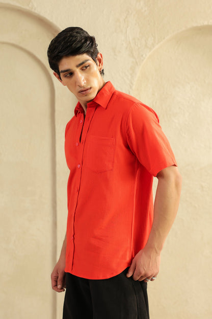 Red Linen Blend Half Sleeve Shirt