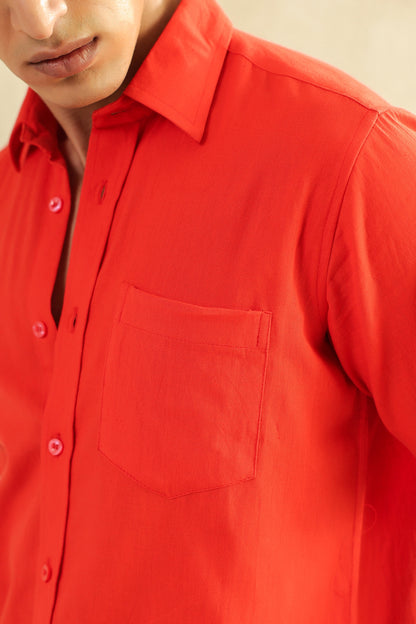 Red Linen Blend Half Sleeve Shirt