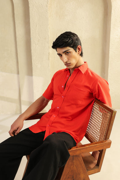 Red Linen Blend Half Sleeve Shirt