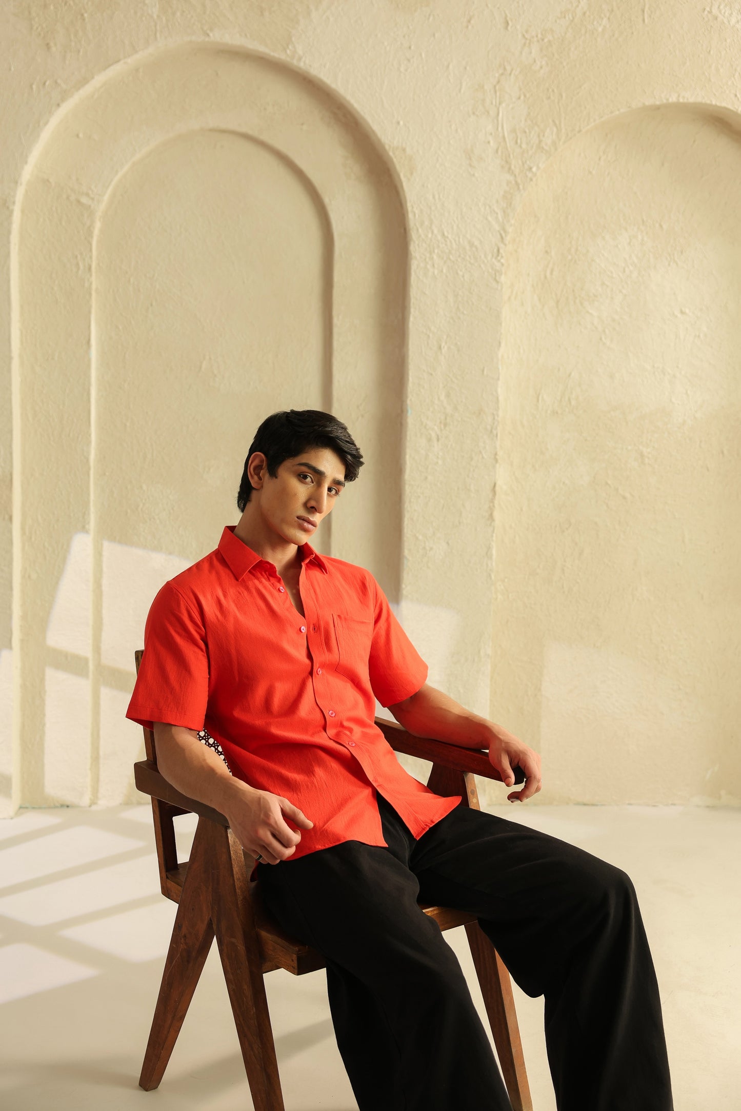 Red Linen Blend Half Sleeve Shirt