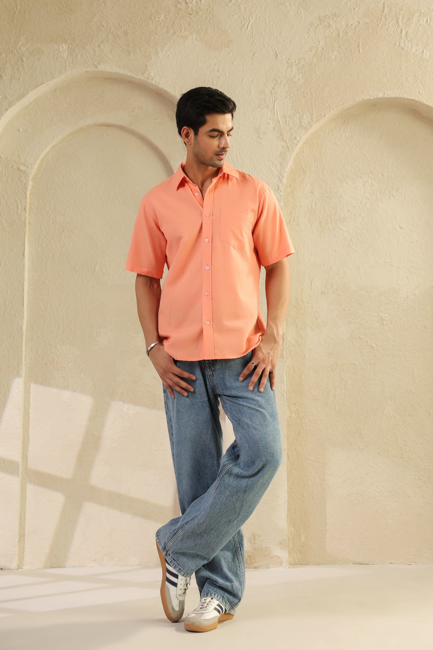 Peach Linen Blend Half Sleeve Shirt