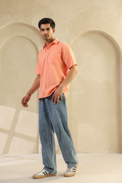 Peach Linen Blend Half Sleeve Shirt