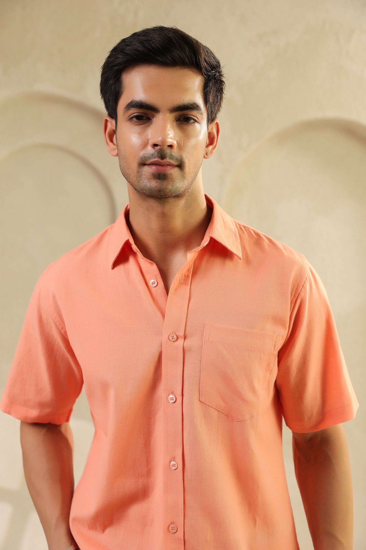 Peach Linen Blend Half Sleeve Shirt